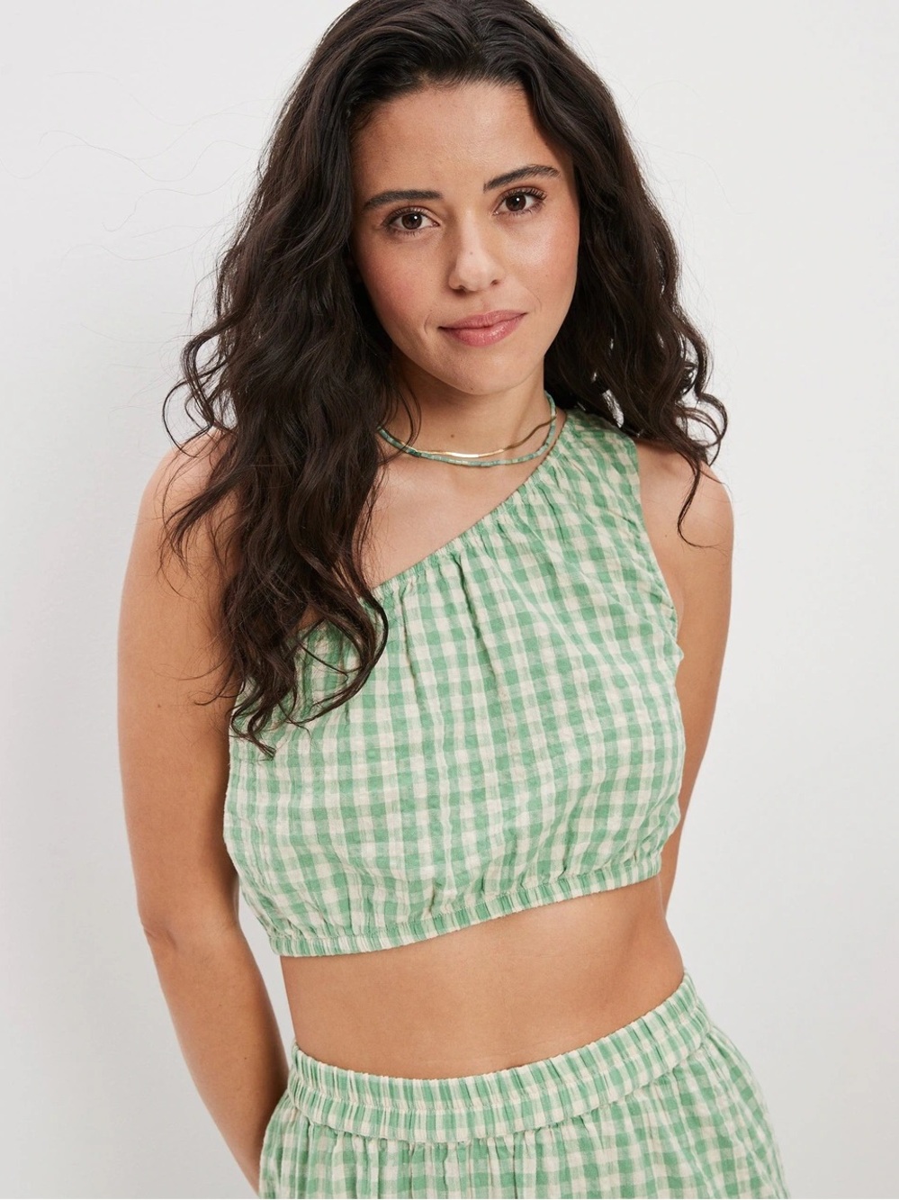 American Eagle Outfitters Green Gingham One-Shoulder Crop Top